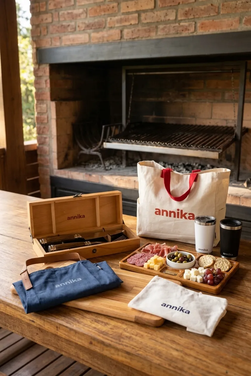 Caja de madera con cuchillo y tenedor de asado con logo annika sobre una mesa frente a la parrilla, junto a tabla, delantal y bolsa