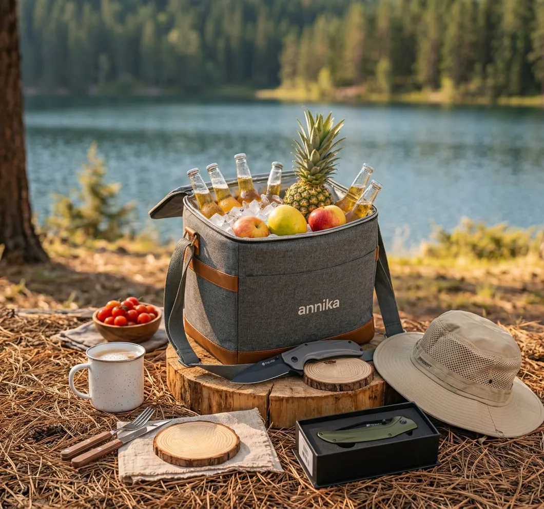 Cooler con logo annika junto a un lago, con gorro australiano, jarro enlozado, cortaplumas en caja y posavasos de madera
