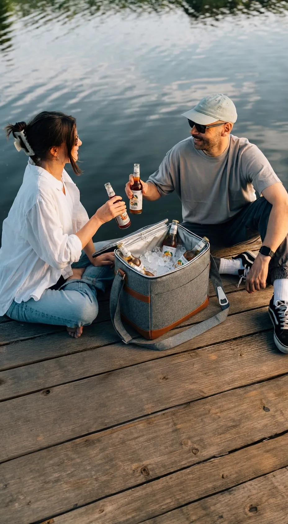 Dos personas brindando junto a un cooler térmico gris con logo, lleno de hielo y bebidas, en un muelle