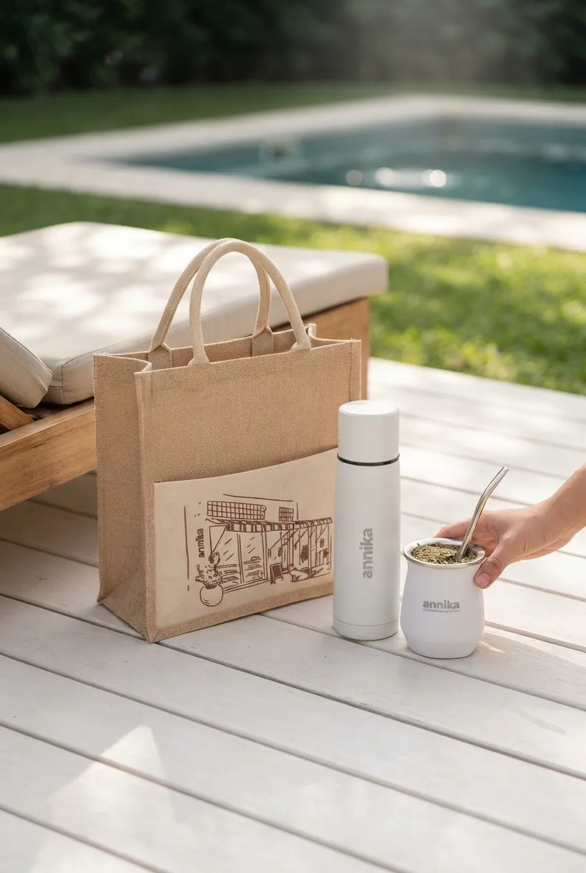 Bolsa de yute ilustrada, termo blanco y mate blanco con logo annika sobre un deck junto a la pileta