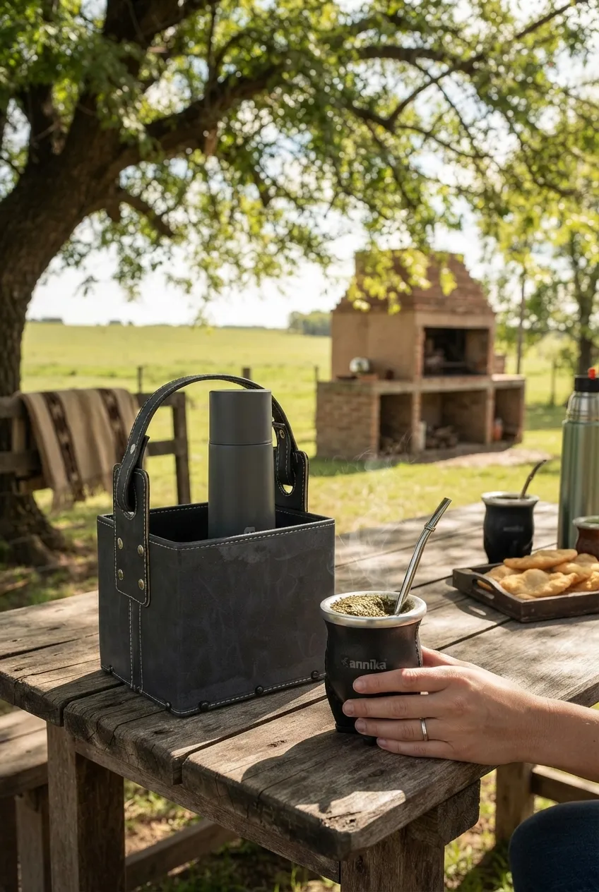 Canasta matera negra con termo, y una mano sosteniendo el mate con logo annika en una mesa de campo frente al quincho