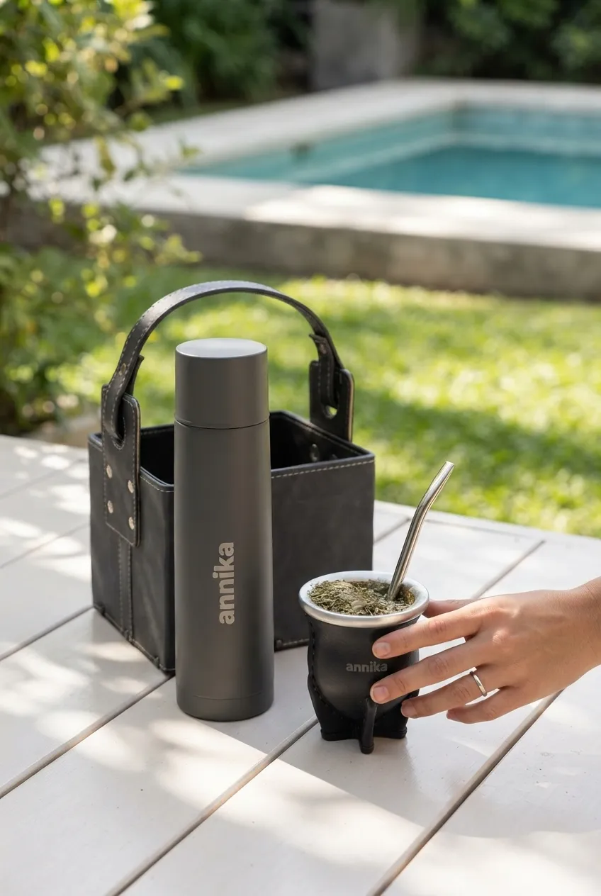 Canasta matera negra de ecocuero con termo negro y mate con logo annika, junto a la pileta