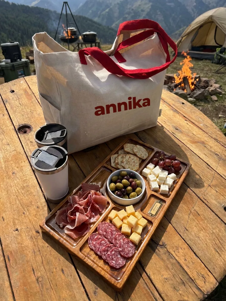 Kit Picada en un camping: bolsa de lienzo con logo annika y manijas rojas, tabla con fiambres, quesos y aceitunas, y dos vasos térmicos