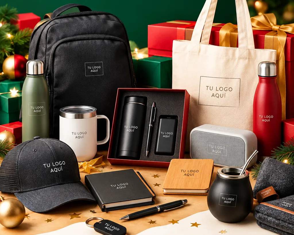 Mochila, bolsa, botellas, jarro, gorra, cuaderno, mate y otros regalos corporativos con un logo de ejemplo aplicado
