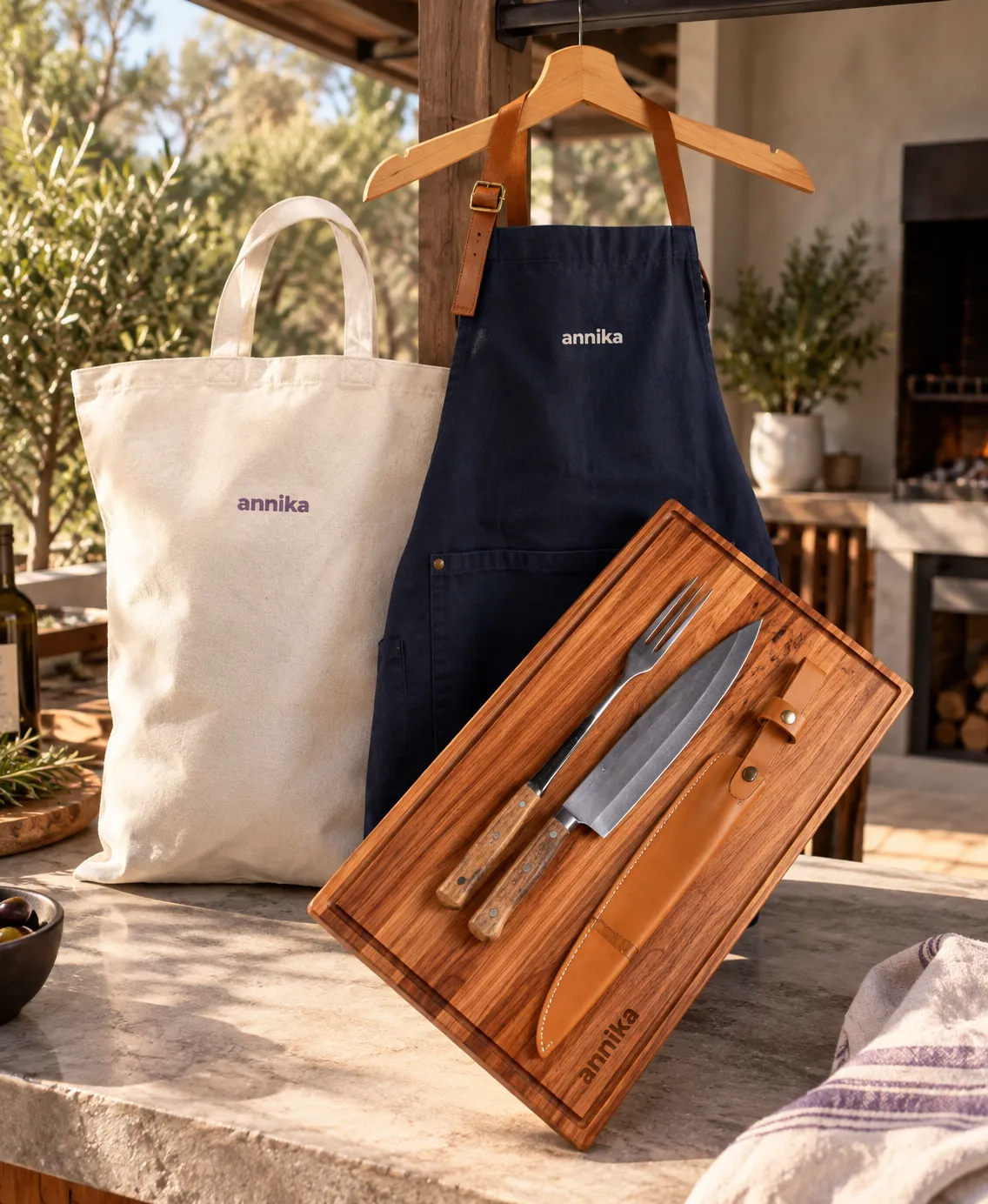 Set Patrio en una cocina al aire libre: bolsa de lienzo y delantal azul con logo annika, tabla de madera con cuchillo, funda de cuero y trinche