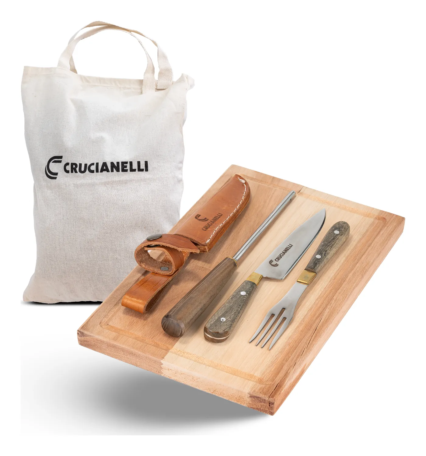 Set de asado con bolsa de lienzo, tabla de madera, cuchillo con funda de cuero, chaira y tenedor