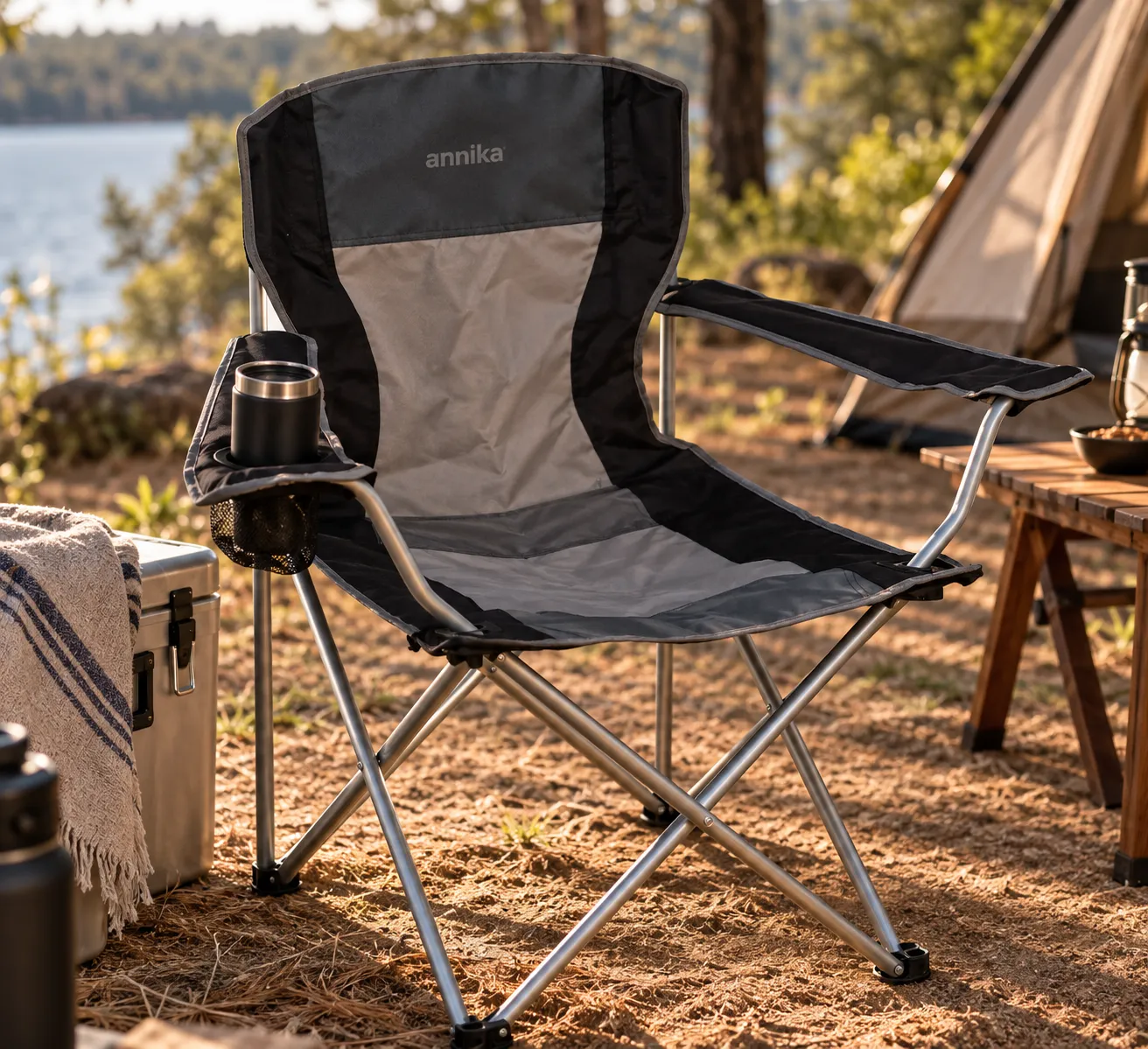 Silla de camping plegable negra y gris con logo annika y portavaso, junto a un lago al atardecer