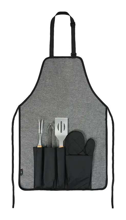 Delantal parrillero gris con utensilios